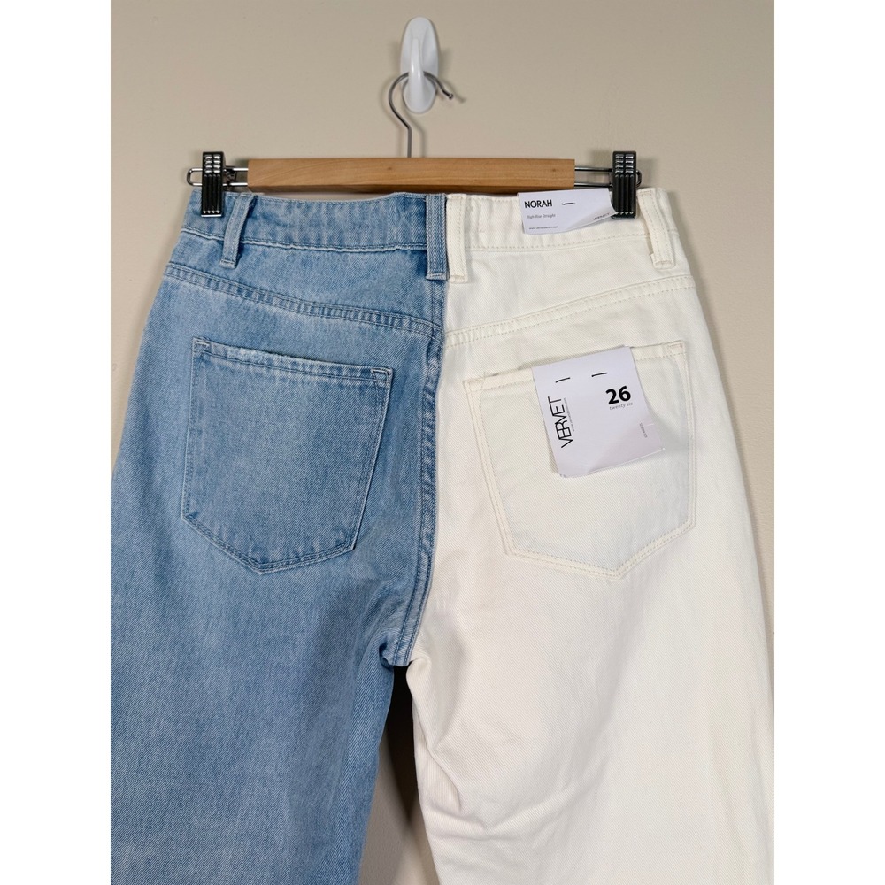 Vervet Norah Two Tone High Rise Straight Jeans White Blue Distressed 26 NEW - Picture 6 of 11